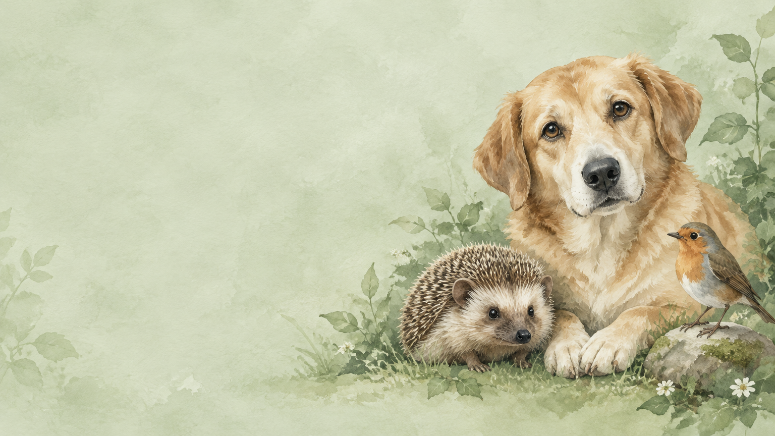 Watercolour illustration of a dog, a hedgehog and a robin